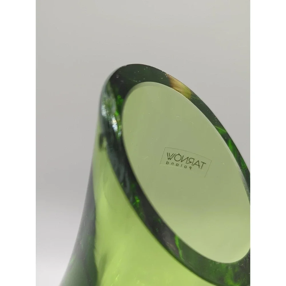 Tarnow Poland Green Art Glass Vase Mid Century Modern Murano Style 8
